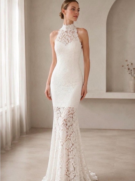 Betsy & Adam Dresses & Skirts - Betsy & Adam White High-Neck Lace Mermaid Wedding Dress